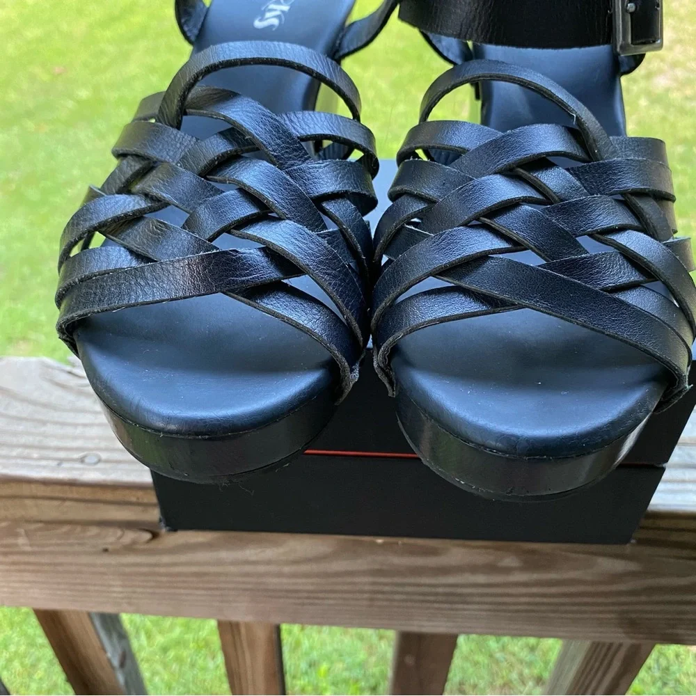 ✅ Korks Wooden Platform Wedge Heels Black Leather Strappy Womens‎ size 10